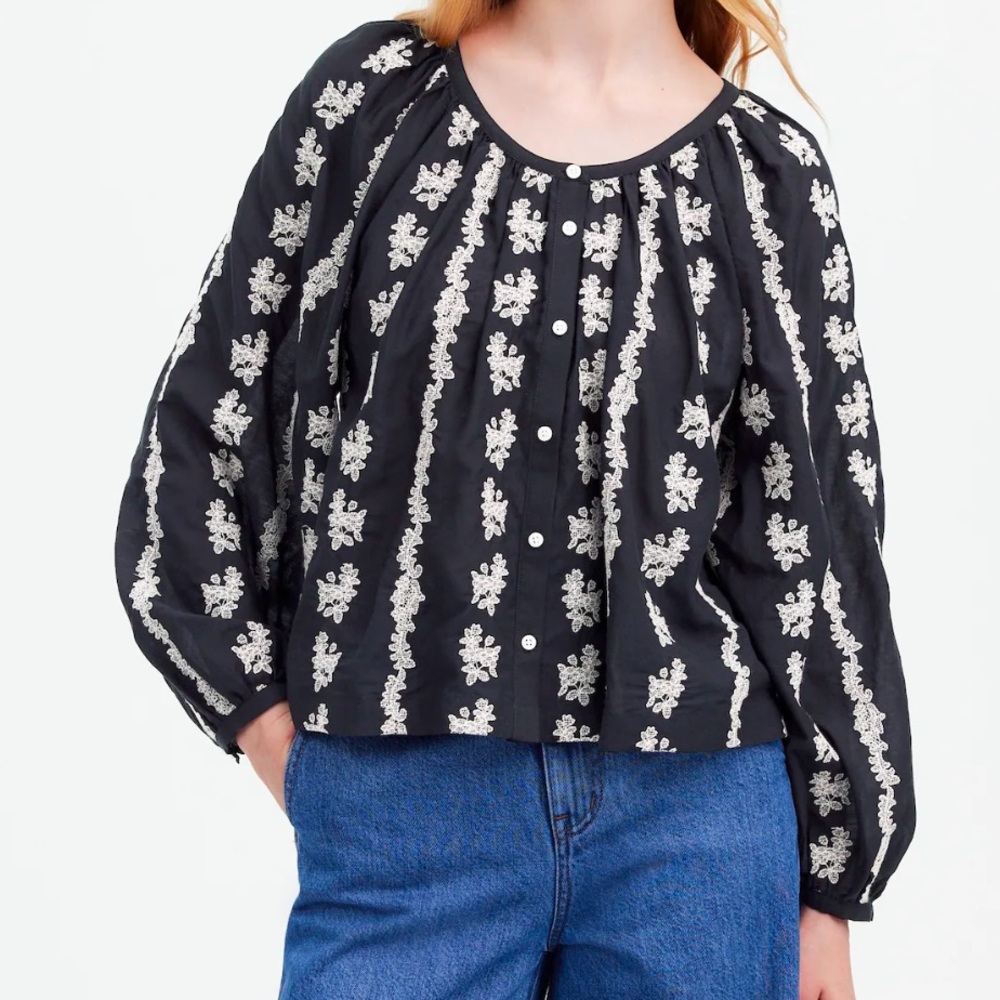 NWT black and white madewell size large embroidered puff sleeve a line top
